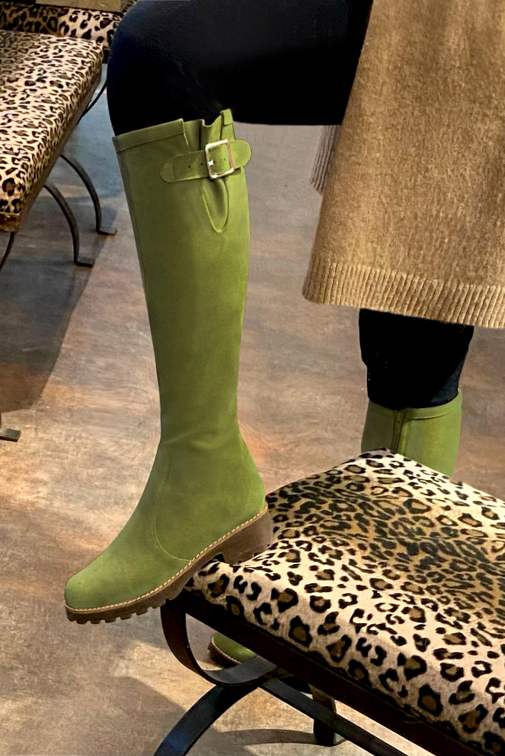 Pistachio green women's knee-high boots with buckles.. Made to measure. Worn view - Florence KOOIJMAN